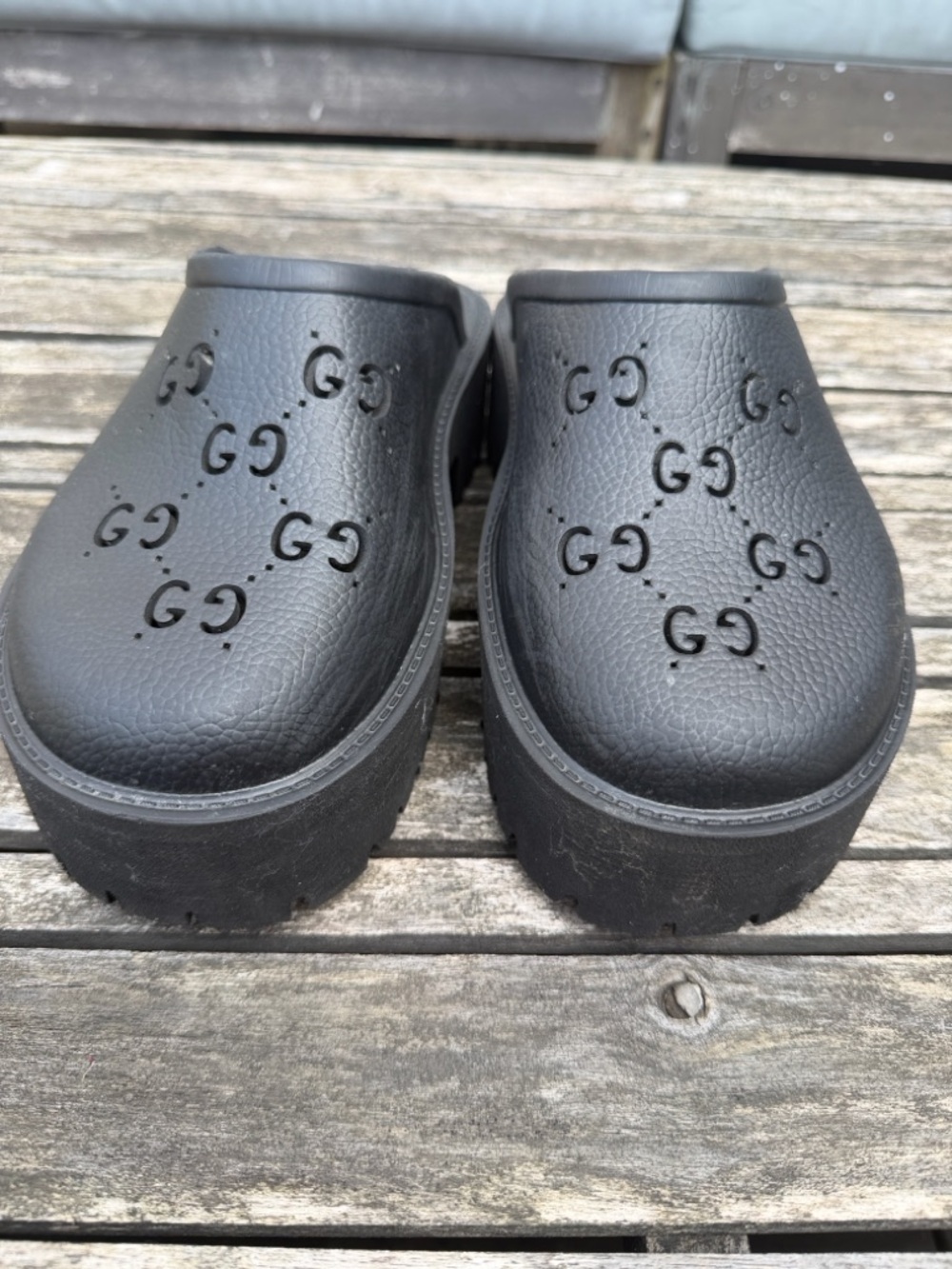 Gucci Black Rubber Clogs - Embossed GG Logo - Picture 3 of 6